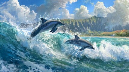 Playful dolphins jumping over breaking waves. Hawaii Pacific Ocean wildlife scenery. Marine animals in natural habitat