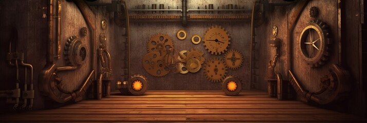 Room with gears and steampunk mechanisms background. Retro 3d empty room with clocks and chronometers in vintage futuristic victorian style with rusty walls and metal wheels - obrazy, fototapety, plakaty
