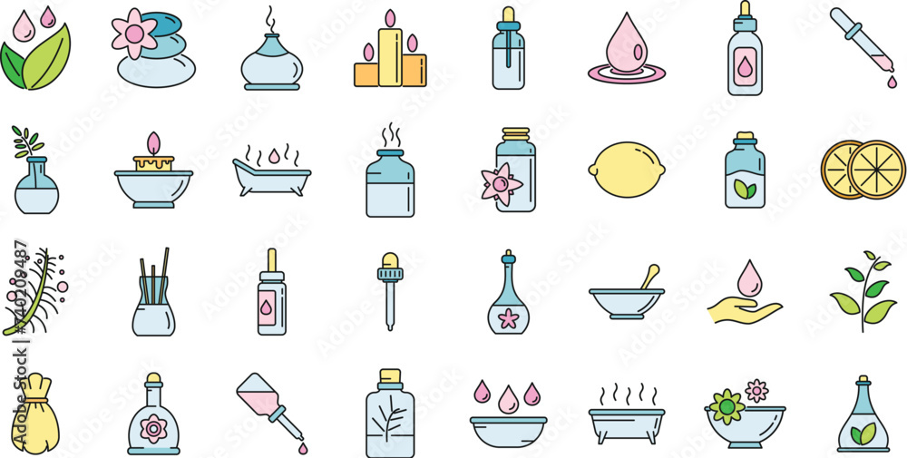 Poster essential oils perfume icons set. outline set of essential oils perfume vector icons thin line color