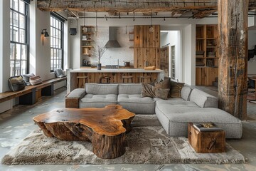 An abandoned living room, its walls decaying and floor worn, holds a large couch and wooden coffee table, evoking feelings of nostalgia and exploration