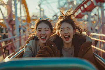 Two women share a joyful ride on the roller coaster, their faces beaming with excitement as they embrace the rush of the amusement park experience