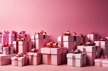 Pink gift boxes with ribbons on pink background