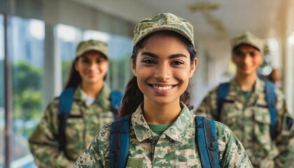 Smiling Young female adult soldier in a soldier's uniform together with other soldiers in a soldier's uniform on a mission
