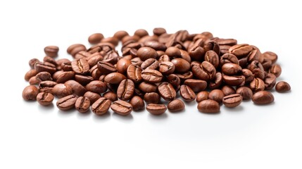 Naklejka premium The image showcases a heap of evenly roasted coffee beans with rich brown tones, dispersed closely together in a random pattern on a clean white surface, highlighting their glossy texture and the vari