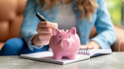 A pink piggy bank, a woman in the living room writing her household budget in a notebook
