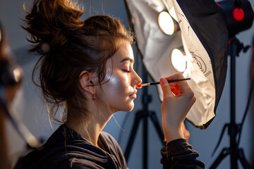 Professional makeup artist working with young beautiful woman at photo shooting in studio.