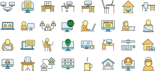 Home office icons set. Outline set of home office vector icons thin line color flat on white