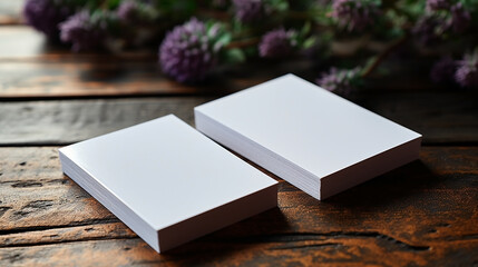 Fototapeta premium Corporate branding business card mockup photo with blank white paper on a table in beautiful background 