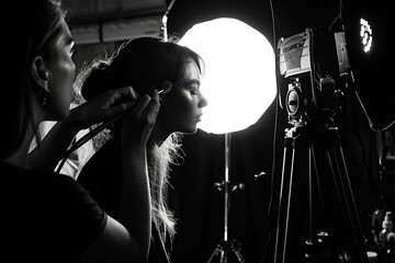Professional makeup artist working with young beautiful woman at photo shooting in studio.
