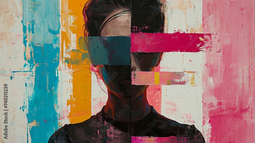 Wall mural Portrait of a young man with a painted face and multicolored background