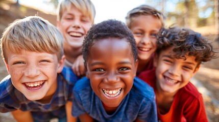 Group of Joyful Children Laughing Outdoors on a Sunny Day - obrazy, fototapety, plakaty