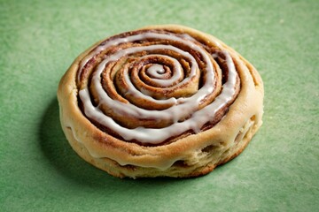 Fototapeta premium Classic Cinnamon Roll with White Icing on Green Background