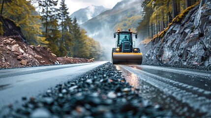 A road roller is grinding a road under construction.