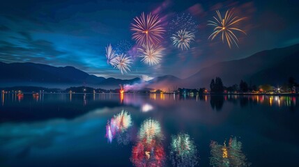 Across a serene lake, a grand fireworks show reflects in the shimmering waters below, creating a...