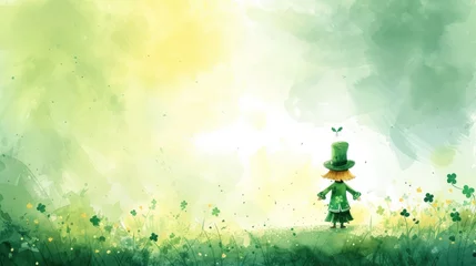 Fotobehang This is an enchanting, digital art illustration portraying a small child wearing a large hat and dressed in green, facing away from the viewer, and standing in the middle of a lush, green meadow fille © StasySin