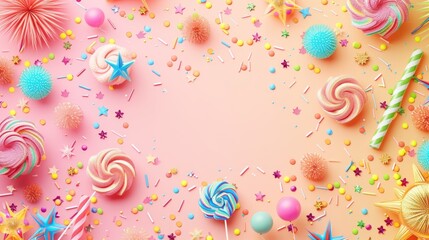 This vivid image features a festive arrangement of colorful sweets, including lollipops and candy canes, alongside sparkling decorations like stars and baubles, all scattered across a soft pink backdr