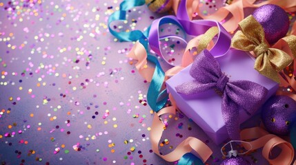 This image showcases a vibrant and celebratory scene on a shimmering purple surface sprinkled with multi-colored confetti. A central purple gift box tied with a shiny satin bow captures the attention,