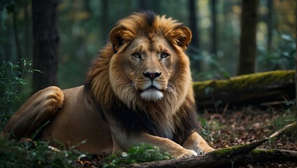 A lion is sitting in the forest and taking a sharp look
