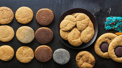 Balanced Top view different cookies on table top, Flat lay of various cookies on black stone