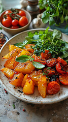 Plant-Based Cuisine: Baked sweet potstoes with cherry tomatoes and greens.