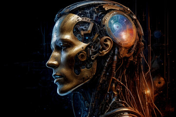 A side view of a gloomy humanoid robot head, representing technology and artificial intelligence.