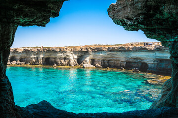 Beach with clear water and nice bay at aya nappa at cyprus
