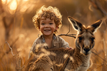 Happy boy riding in the back of a kangaroo.