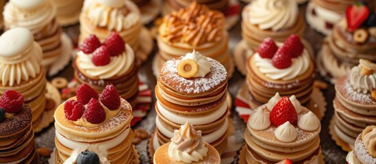 The image showcases a delightful selection of mini pancake stacks, each garnished with various...