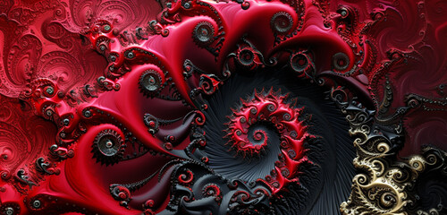 A red and black abstract fractal, spiraling into infinity, meticulously crafted in HD quality and 4K detail