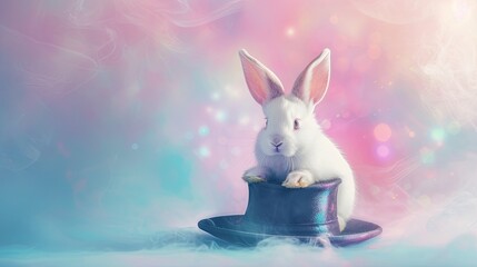 The image shows a whimsical scene where a white rabbit is perched inside a deep blue magician's top hat, set against a dreamlike pastel background with swirls of pink and blue hues, emitting a magical