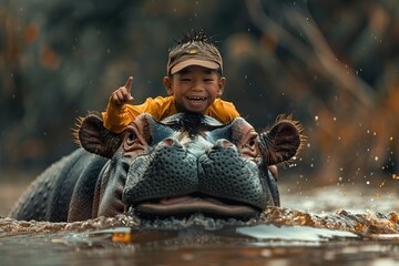 Happy boy riding in the back of a hippopotamus.