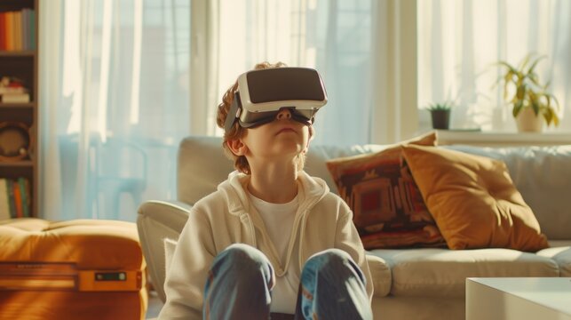 In the image, a young child is seated comfortably in a sunlit living room, looking upward while wearing a virtual reality headset. The room has a cozy ambiance with a plush orange sofa and patterned c