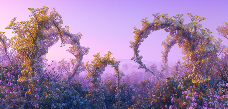 A fantastical garden with plants that twist into impossible shapes, their leaves a shimmering gold against a soft lavender sky