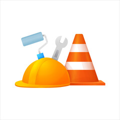 Safety Equipment with Hard Hat and Road Cone  for Construction and Industrial WorkVector Set
