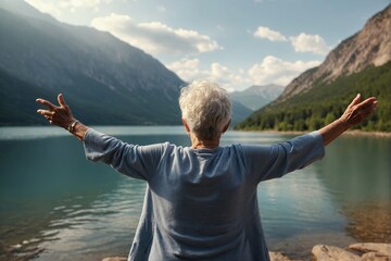 happy elderly woman overlooking mountain lake 
