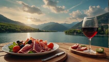 Italian appetizer prosciutto antipasti and and wine on a wooden terrace overlooking mountain lake