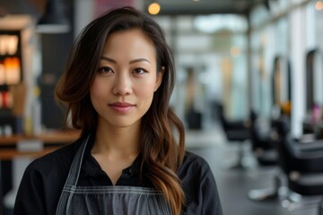 A smiling woman with long hair wearing an apron stands proudly in front of a building, embodying the perfect balance of street fashion and traditional domesticity