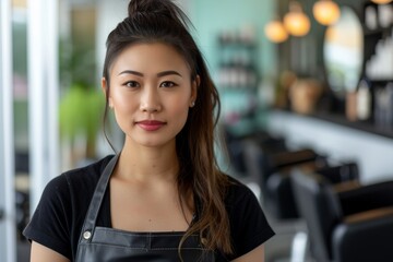 A young woman with long black hair, dressed in a sleek black apron, exudes confidence and style as she poses for a fashion photo shoot indoors