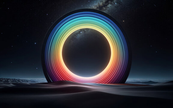 Abstract image of a multicolor ring that illuminates a calm and dark landscape under a starry sky