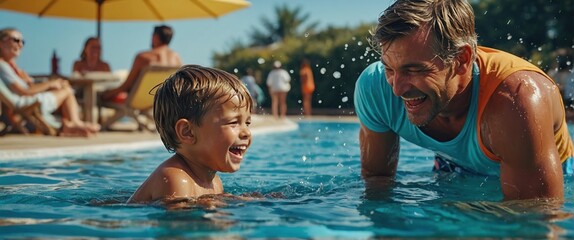 pleasure summertime family happy together dad with son playing splash water ocean beach pool with laugh fun cheerful enjoy family moment with love - obrazy, fototapety, plakaty