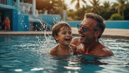 pleasure summertime family happy together dad with son playing splash water ocean beach pool with laugh fun cheerful enjoy family moment with love - obrazy, fototapety, plakaty