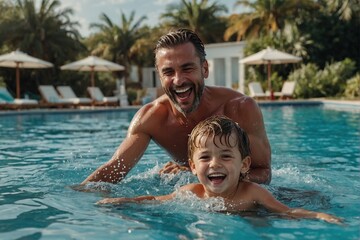 pleasure summertime family happy together dad with son playing splash water ocean beach pool with laugh fun cheerful enjoy family moment with love