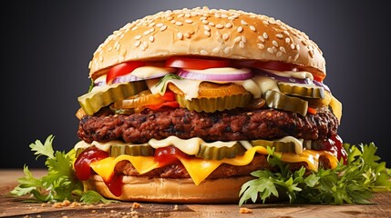Delicious beef burger closeup on dark background.