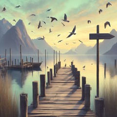 Pier with a view of mountains and birds flying overhead - obrazy, fototapety, plakaty