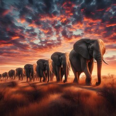 Elephants walking in a line at sunset