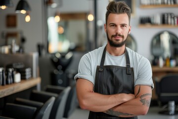 A bearded man stands proudly in his kitchen, apron tied tight around his waist as he prepares to serve up a feast in his cozy shop - obrazy, fototapety, plakaty