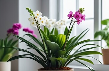 A little twig of houseplant with many beautiful flowers on the light background.