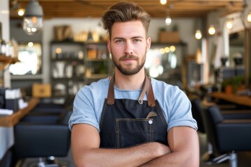 A bearded man in a crisp shirt dons an apron, ready to serve at a bustling restaurant - obrazy, fototapety, plakaty