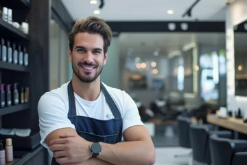 Foto op Canvas A cheerful man wearing an apron stands in an indoor kitchen, his face beaming with a smile as he reaches for a bottle on the shelf, his glasses perched on his shirt, the walls and ceiling adorned wit © Milos