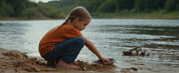 Children's searching for shells in sand